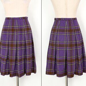 Women's Vintage 70s Garland Purple Plaid Pleated Wool High Waisted Skirt